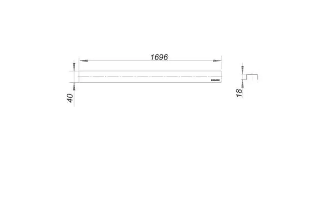 Dallmer Abdeckung in rechteckiger Form, mit einer Länge von 1696 mm, einer Breite von 40 mm und einer Höhe von 18 mm, auf technischer Skizze dargestellt.