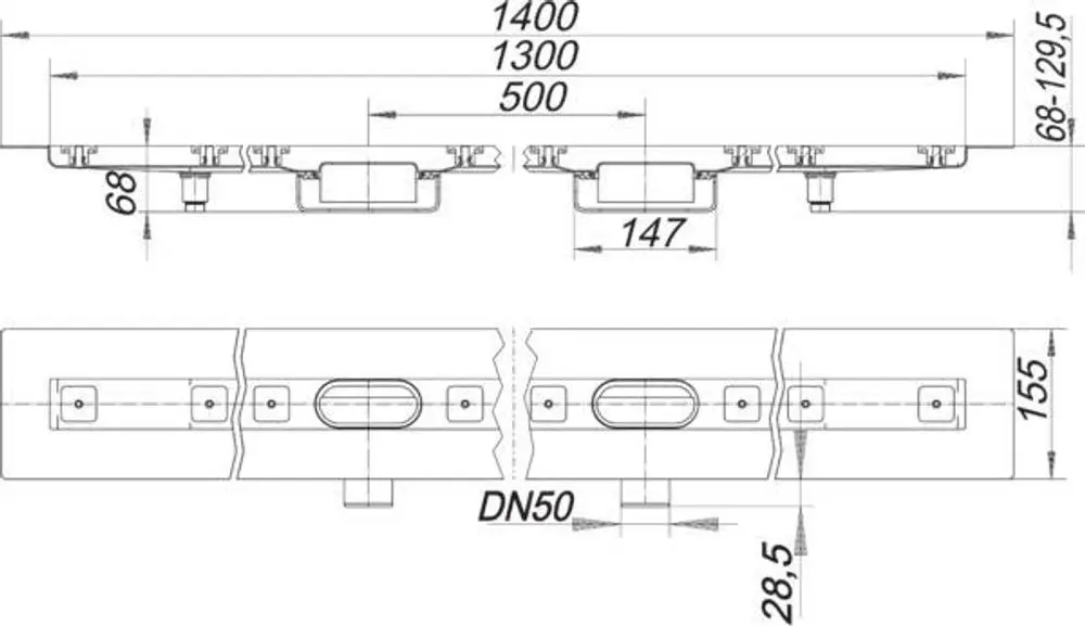 Dallmer Duschrinne mit mehreren Befestigungspunkten und Durchlassöffnung, schematische Darstellung mit Maßangaben und DN 50, Seitenansicht und Draufsicht.