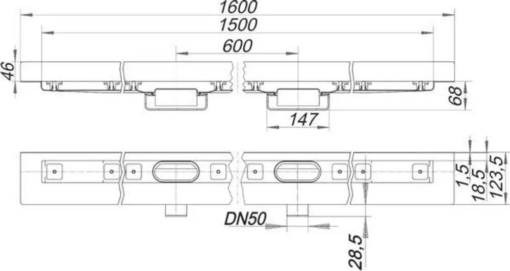 Dallmer Duschrinne mit zwei parallel verlaufenden Abflüssen, quadratischem Design und integrierten Montagepunkten, angeordnet auf einem technischen Plan.