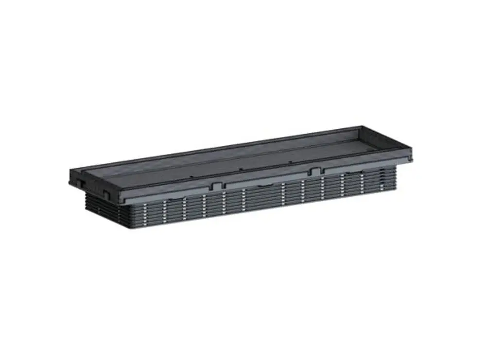 Schwarze Duschrinne von Dallmer, flaches Profil mit rippierter Struktur an den Seiten zur Wasserableitung. Design für moderne Badezimmer.