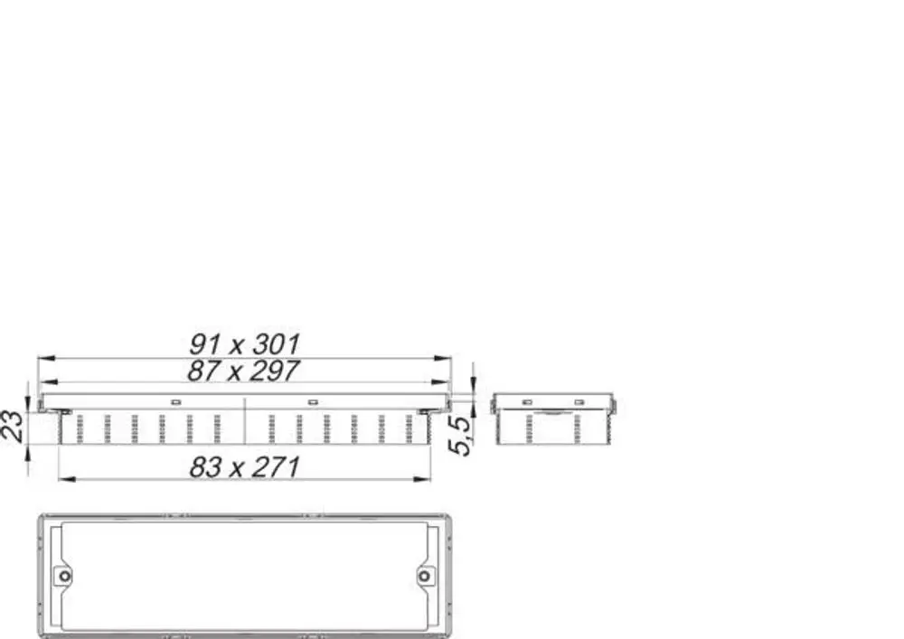 Dallmer Duschrinne, abgebildet in Draufsicht und Seitenansicht, zeigt Dimensionen und Befestigungselemente für die Installation. Ideal für moderne Badezimmergestaltungen.