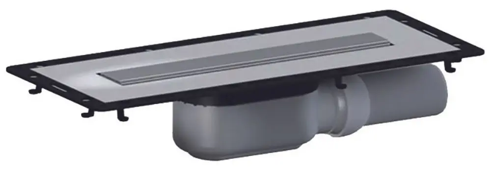Dallmer Duschrinne mit flacher, rechteckiger Abdeckung aus Metall. Die Rinne ist für die Abführung von Wasser konzipiert und hat einen Anschluss mit Standarddurchmesser.