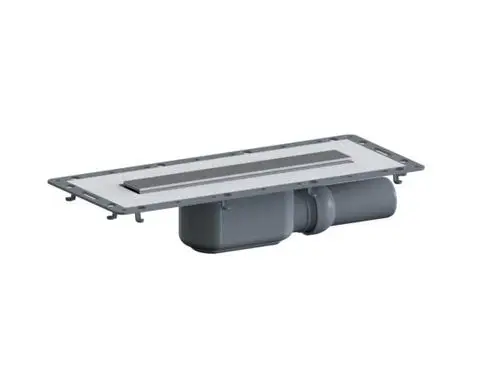 Dallmer Duschrinne mit flacher Abdeckung, rechteckig, aus grauem Material, mit integrierter Ablauföffnung zur Entwässerung in Duschbereichen.