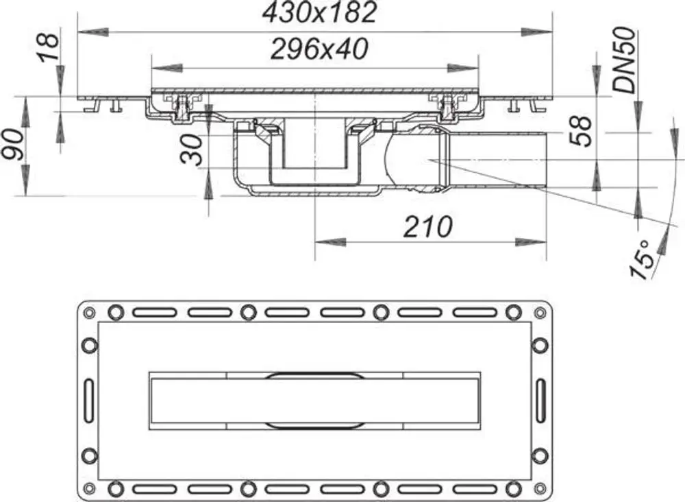 Dallmer Duschrinne mit flacher Abdeckung, rechteckige Form und integrierter Ablauftechnik. Detailzeichnung zeigt Abmessungen und Anschlussmöglichkeiten.