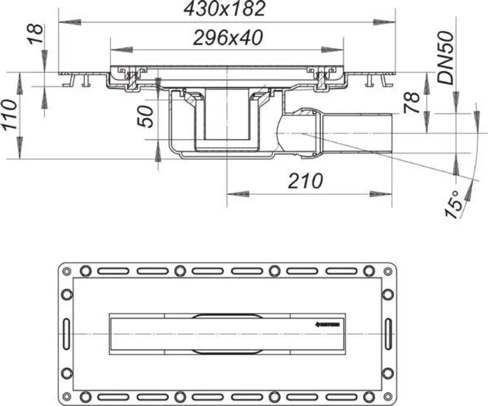 Dallmer Duschrinne mit rechteckiger Form, seitlicher Ablauf und Montageflansch, dargestellt in technischen Zeichnungen mit Maßangaben.