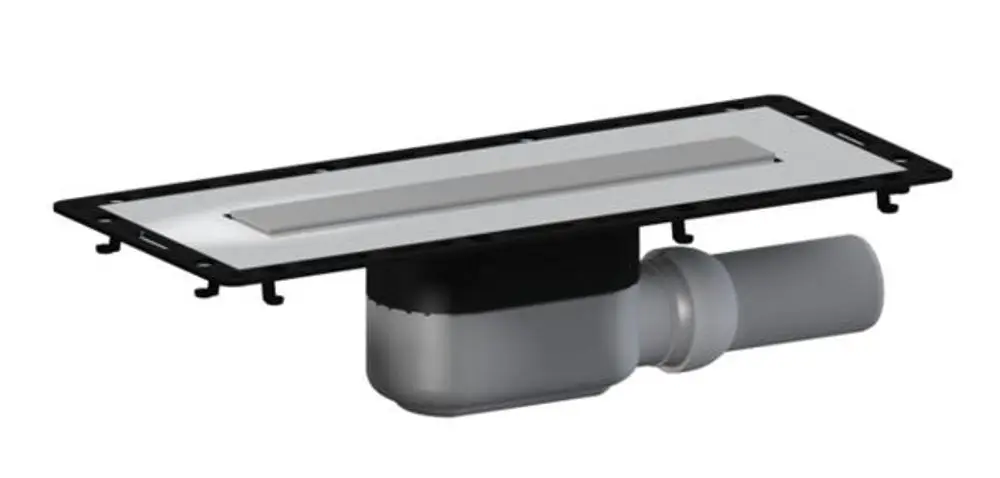Dallmer Duschrinne mit flacher Abdeckung und seitlichem Anschluss. Das Produkt ermöglicht eine effiziente Wasserableitung in Duschbereichen.