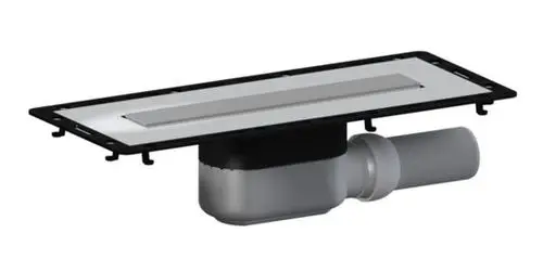 Dallmer Duschrinne mit flacher Abdeckung und seitlichem Anschluss. Das Produkt ermöglicht eine effiziente Wasserableitung in Duschbereichen.