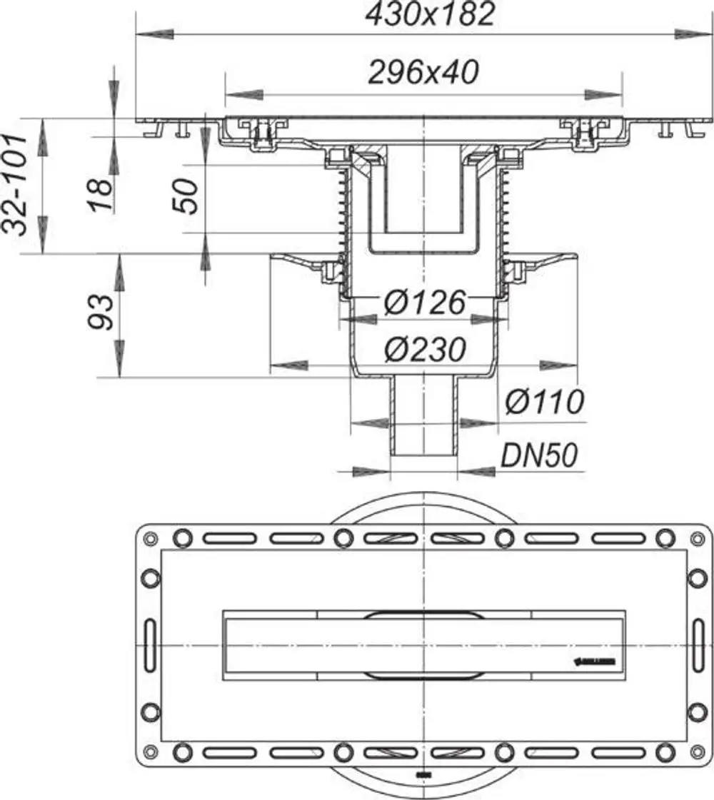 Dallmer Duschrinne mit senkrechtem Abdeckdesign, dargestellt in technischem Zeichnungsformat. Zeigt Maße und Anschlüsse, geeignet für standardisierte Anwendungen.