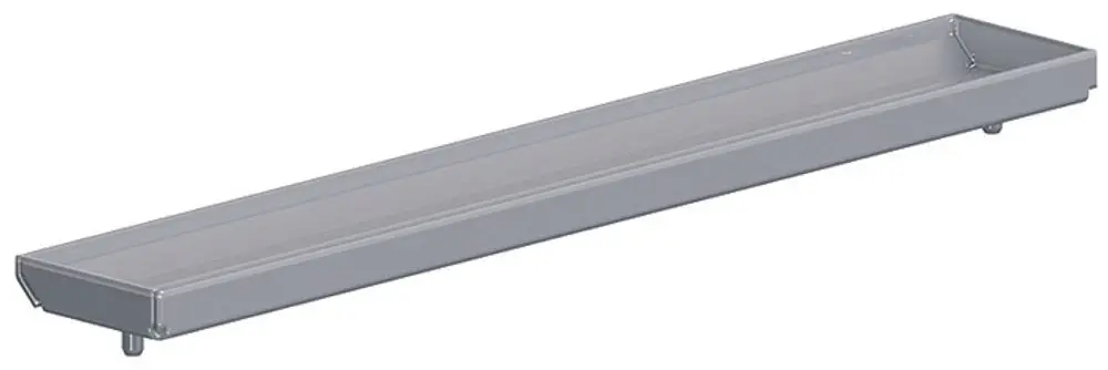 Lange, schmale Abdeckung aus Metall von Dallmer, geeignet für die Verwendung in Feuchträumen, mit einem flachen Design und stabilen Füßen.