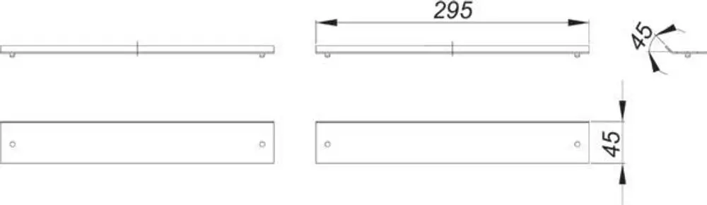 Dallmer Abdeckung in rechteckiger Form mit zwei Bohrlöchern. Die Abdeckung hat eine Breite von etwa 295 mm und eine Höhe von 45 mm. Sie ist flach und aus einem robusten Material.