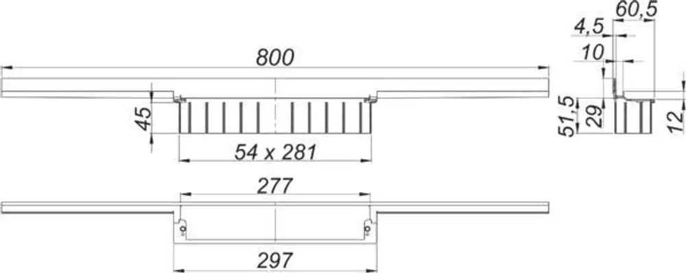 Dallmer Duschrinne mit rechteckiger Form, seitlichen Abläufen und Rillenstruktur. Abmessungen und Details sind im technischen Diagramm dargestellt.