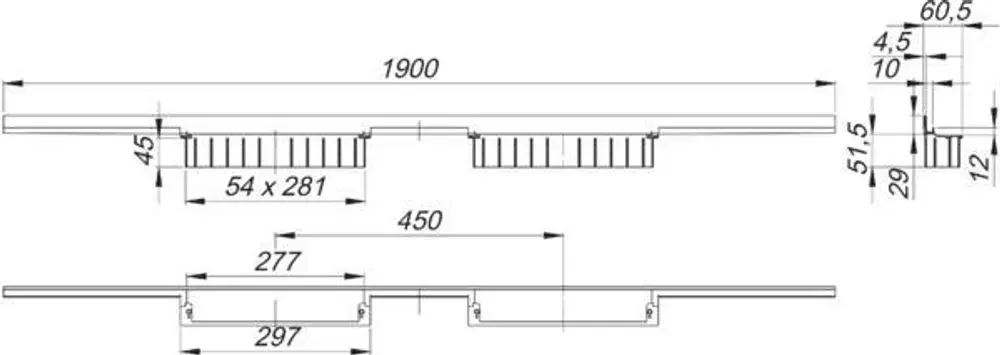Dallmer Duschrinne, flach mit parallelen Rillen, zeigt verschiedene Ansichtszuschnitte, inklusive Maßlinien und montierbaren Anschlussdetails.