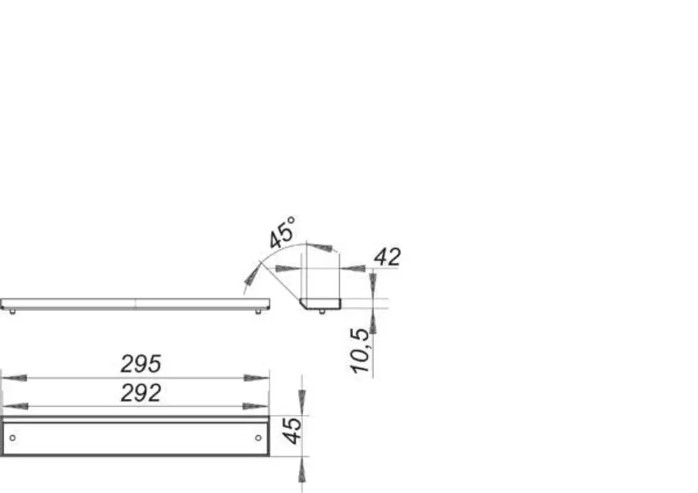 Technische Zeichnung der DALLMER Abdeckung CeraWall Individual in Messing matt mit Maßen: 295, 292, 45, 42, 10,5 und einem Winkel von 45 Grad.