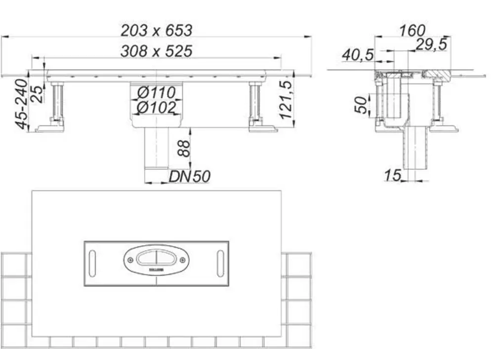 Dallmer Ablaufgehäuse für senkrechte Installation, sichtbar sind verschiedene Maße und Anschlussdetails für die Montage. Technische Zeichnung zur Produktdarstellung.