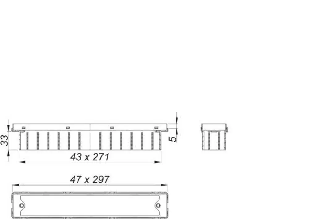 Dallmer Duschrinne mit länglichem Design, dargestellt in technischen Zeichnungen. Maße sind sichtbar. Enthält verschiedene Ansichten und Detailinformationen.