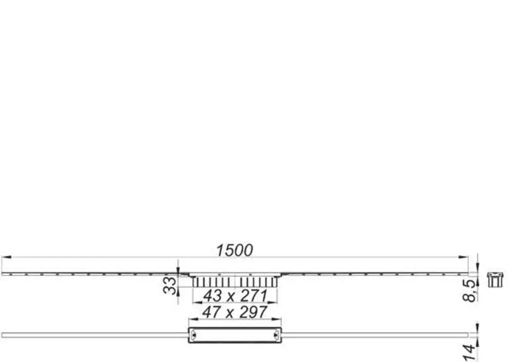 Dallmer Duschrinne mit linearer Gestaltung, dargestellt in einer technischen Zeichnung. Maße und Details sind abgebildet, ohne spezifische Maßelemente zu nennen.