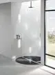 Dusche mit runder, schwarzer Bodenfläche, mattem Duschkopf und hellem Wandbereich. Dallmer-Produkte stehen auf einer Ablage in der Duschzone. Fenster mit Ausblick auf die Natur.