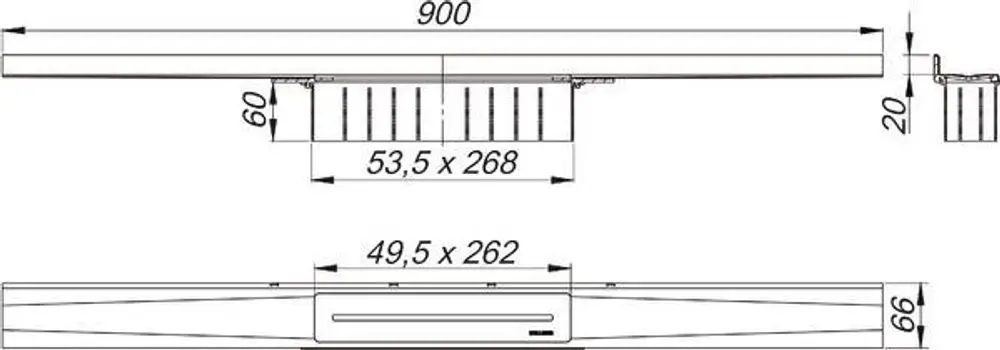Dallmer Duschrinne mit länglicher Form, Profilansicht mit technischen Maßen, ohne spezifische Maße oder Produkttypen. Klarer Ansatz für flächenbündige Montage.