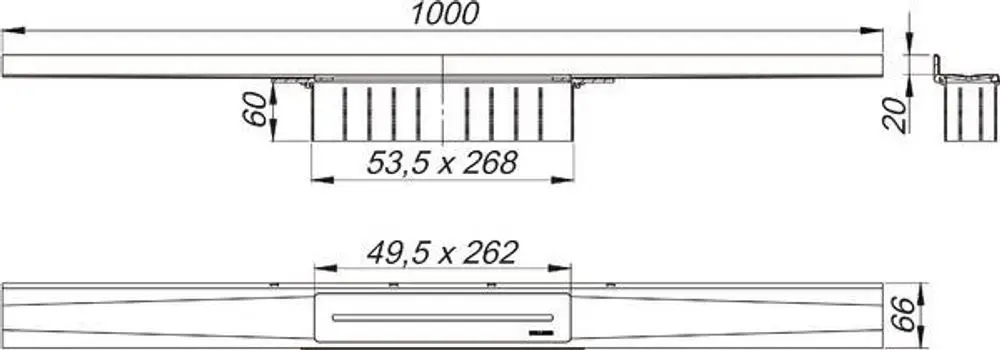 Dallmer Duschrinne mit einem flachen Design, abgebildet in Seiten- und Draufsicht. Maße und Details zur Installation sind deutlich dargestellt.
