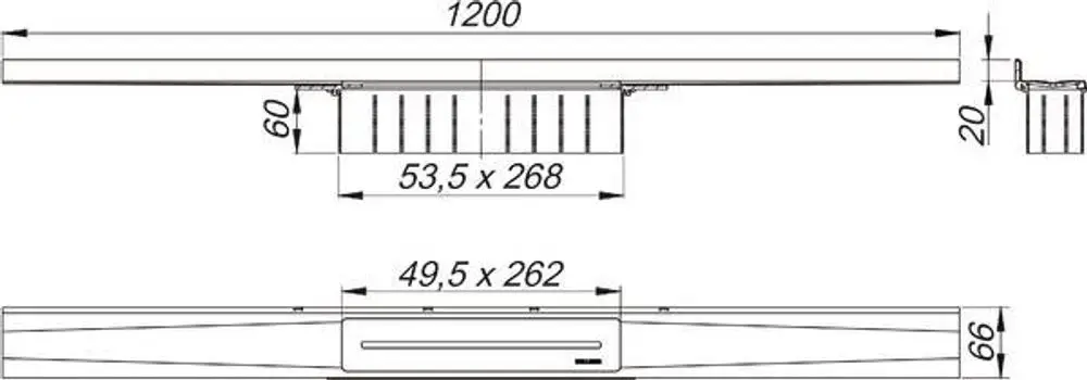 Dallmer Duschrinne mit durchgehendem, flachem Design und integrierter Rinne zur Wasserableitung, dargestellt in Vorder- und Seitenansicht.