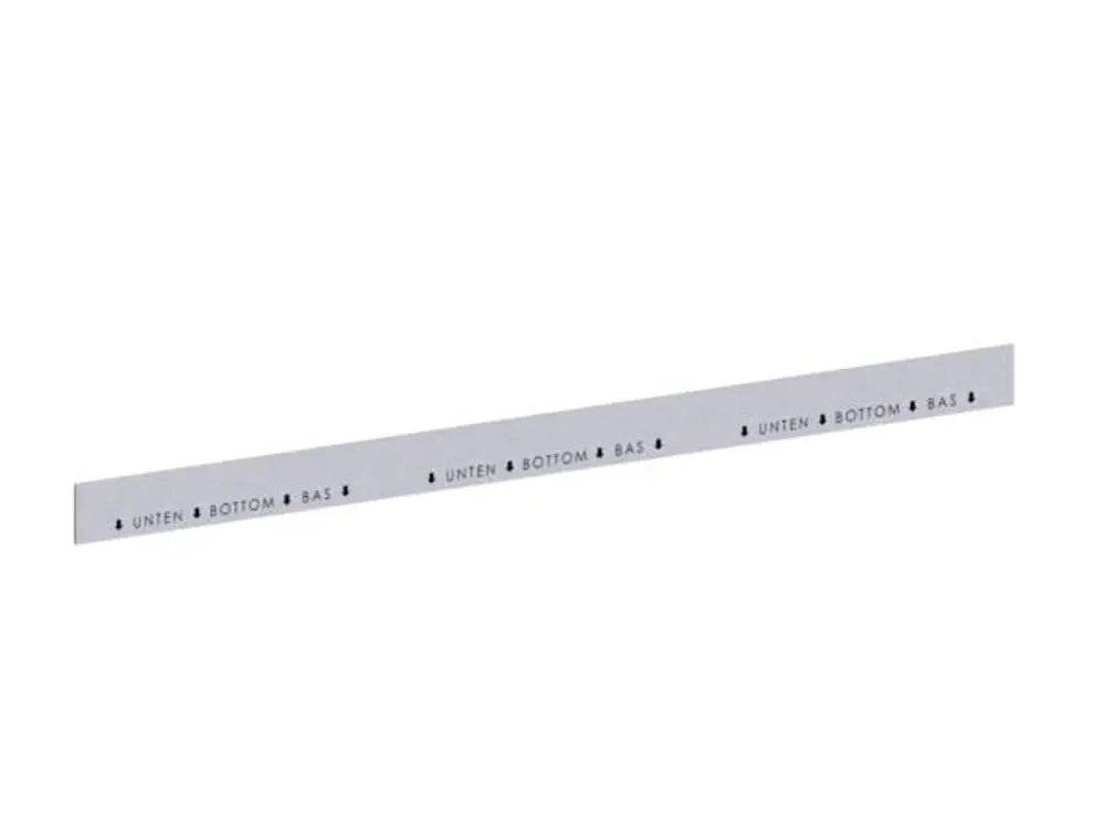 Dallmer Sicherheitsband mit Text in mehreren Sprachen, darunter "Unten" und "Bottom", auf grauem Hintergrund, dient der Kennzeichnung von Ober- und Unterseiten.