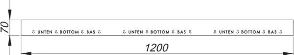 Dallmer Sicherheitsband, gerades, flaches Band mit Beschriftung "UNTEN BOTTOM BAS" und Abmessungen, die auf der Produktzeichnung angegeben sind.