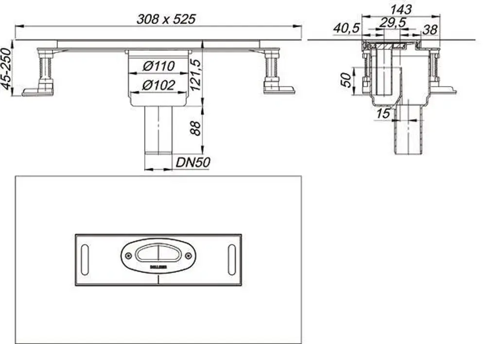 Schematische Darstellung eines Ablaufgehäuses von Dallmer mit senkrechter Anordnung, einschließlich technischer Maße und Anschlussdetails.