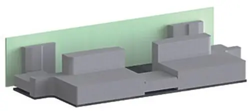 Dallmer Schallschutzelement, dargestellt in einer grauen Farbe mit einer transparenten Platte im Hintergrund, bietet eine strukturierte Form für akustische Anwendungen.