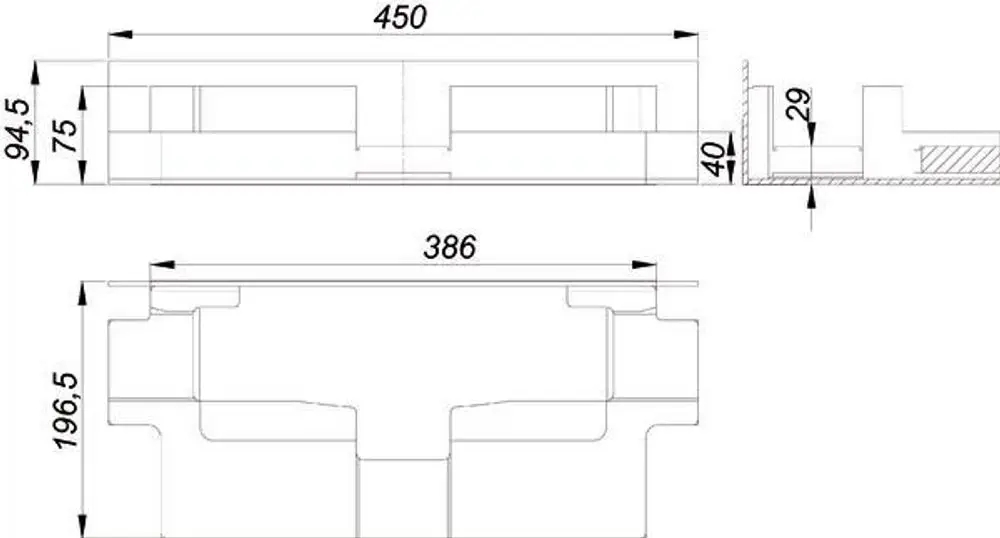 Dallmer Schallschutzelement in schematischer Darstellung, seitliche und obere Ansicht mit Maßangaben. Detailansicht mit spezifischen Ausschnitten und Verbindungen.