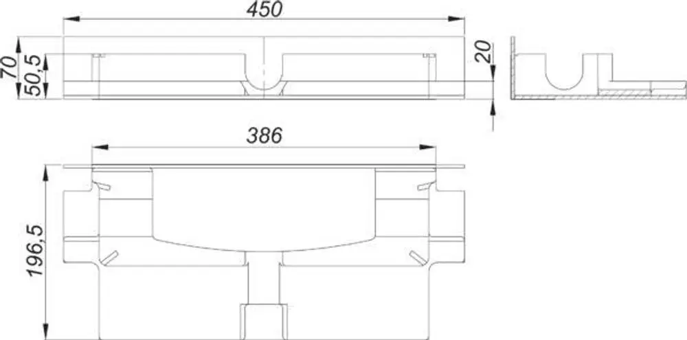 Dallmer Schallschutzelement mit verschiedenen Sichtansichten, einschließlich Draufsicht und Seitenansicht, zeigt eine flache Konstruktion mit integrierten Details.