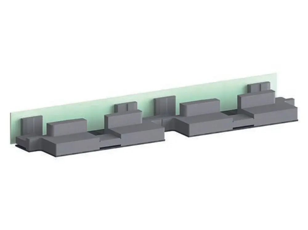 Schallschutzelement von Dallmer mit mehreren grauen Bauteilen auf einer transparenten Halterung, konzipiert zur Schalldämmung in Bauanwendungen.