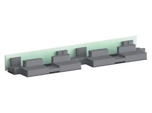 Schallschutzelement von Dallmer mit mehreren grauen Bauteilen auf einer transparenten Halterung, konzipiert zur Schalldämmung in Bauanwendungen.