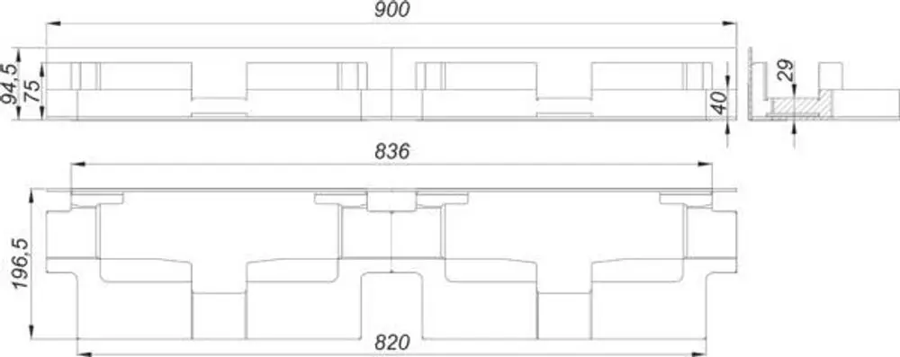 Dallmer Schallschutzelement mit zwei getrennten Kammern, maßgefertigt, rechteckig, mit spezifischen Formen und Anschlussmöglichkeiten in technischer Zeichnung.