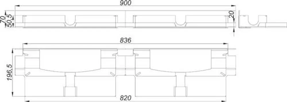 Dallmer Schallschutzelement mit zwei integrierten Mulden, anschaulich im technischen Zeichnungsformat dargestellt, mit verschiedenen Maßen und Details.