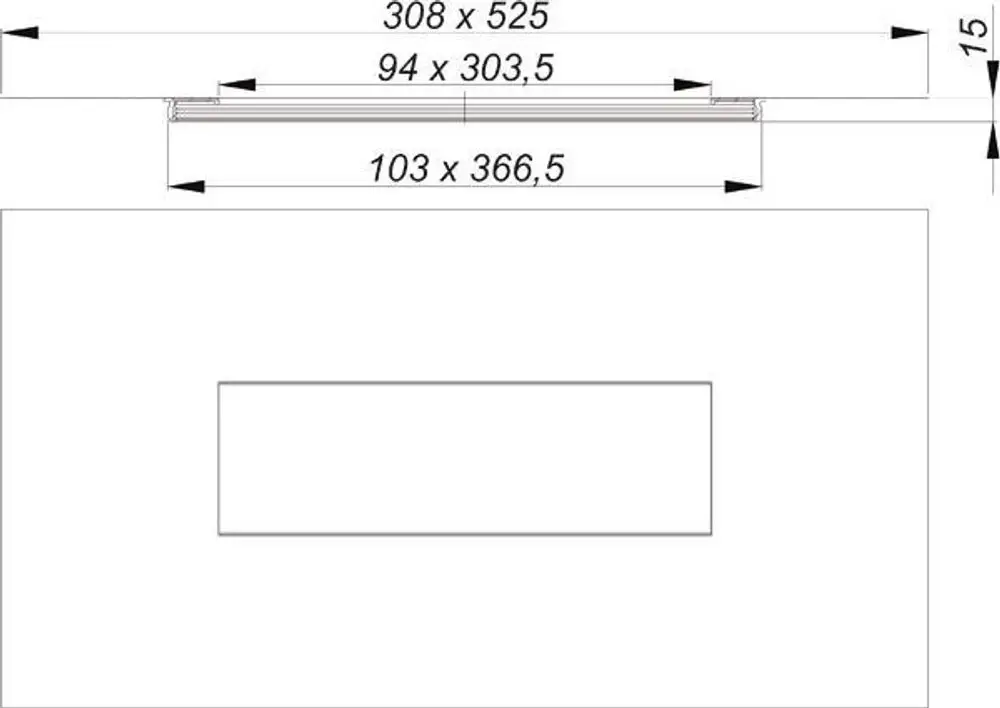 Dichtmanschette von Dallmer, rechteckig mit eingelassener Fläche, dargestellt in einem technischen Diagramm mit Maßangaben.