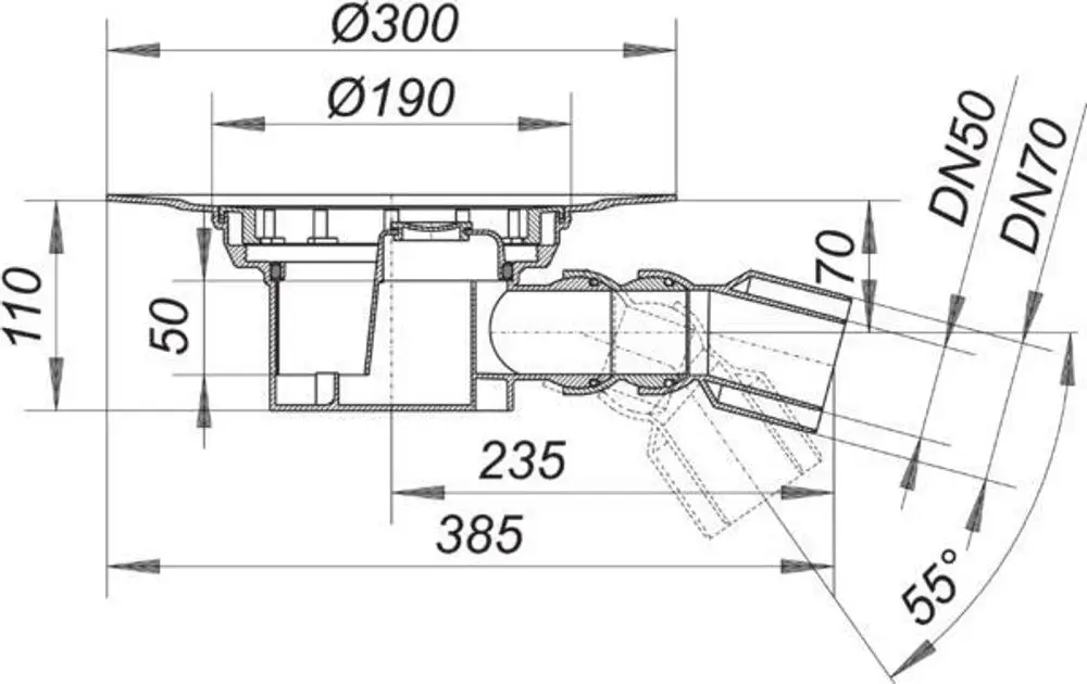 Dallmer Ablaufgehäuse mit seitlichem Abfluss und mehreren Anschlussmöglichkeiten. Technische Zeichnung zeigt Dimensionen und Winkel des Gehäuses.