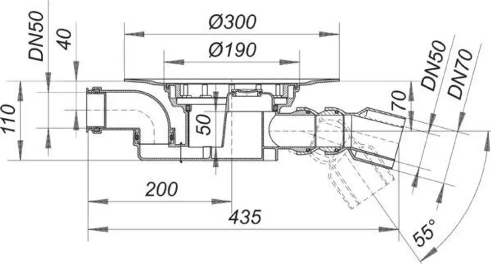 Dallmer Ablaufgehäuse mit einem Zulauf von DN 50 und DN 70, dargestellt in einer technischen Zeichnung mit Maßangaben und einem angeschlossenen Rohrsystem.