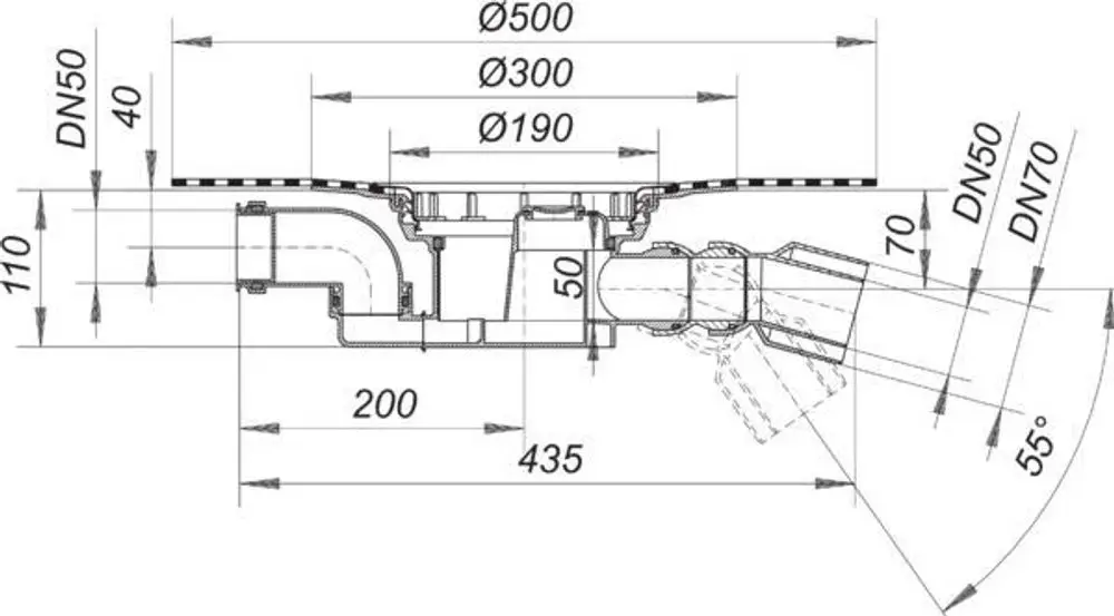 Dallmer Ablaufgehäuse mit verschiedenen Rohrdurchmessern, einschließlich DN 50 und DN 70, zeigt die Montage und den Verlauf von Abwasserleitungen in einem technischen Diagramm.