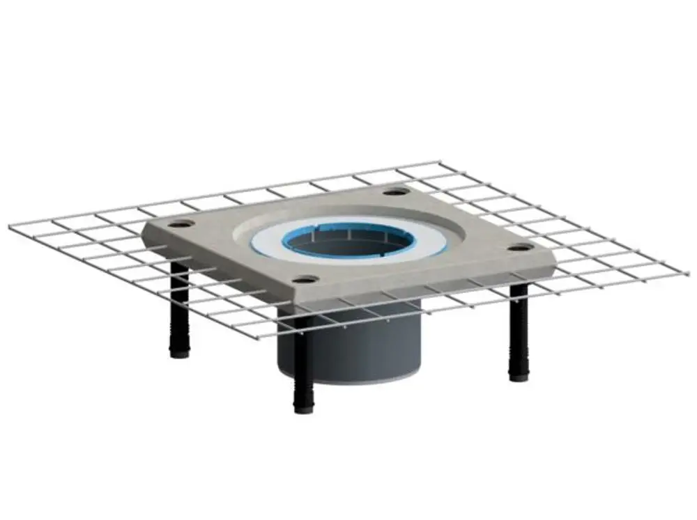 Dallmer Produkt, quadratisches Element mit integrierter Abflussöffnung, umgeben von einem Gitterrahmen zur Stabilisierung, auf vier Stützen montiert.