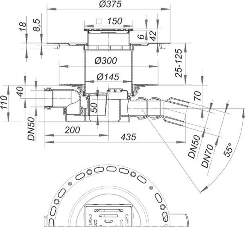 Dallmer Bodenablauf mit quadratischem Gehäuse, Rohranschlüssen DN 50 und DN 70, sowie verschiedenen Rohrdurchmessern. Technische Zeichnung mit Abmessungen und Schnittansicht.