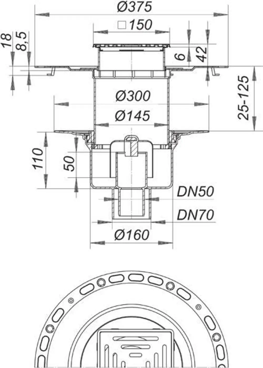 Dallmer Bodenablauf mit einer quadratischen Abdeckung und unterschiedlichen Durchmessern für den Anschluss. Technische Maße und Bauformen sind im Diagramm ersichtlich.