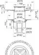 Dallmer Bodenablauf mit einer quadratischen Abdeckung und unterschiedlichen Durchmessern für den Anschluss. Technische Maße und Bauformen sind im Diagramm ersichtlich.