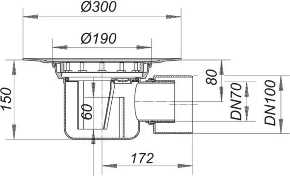 Dallmer Ablaufgehäuse in Draufsicht, mit Massenangaben und Anschlussgrößen, dargestellt in technischem Diagramm. Umfang von Ø300 mm und Ø190 mm, mit Anschlüssen DN70 und DN100.
