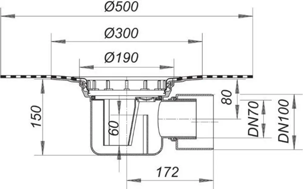 Dallmer Ablaufgehäuse mit verschiedenen Durchmessern, gestaltet für die Installation im Fußboden. Sichtbare Maße und Anschlussmöglichkeiten sind im technischen Diagramm dargestellt.