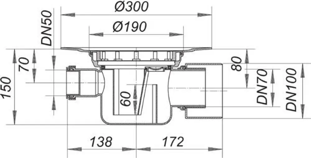 Dallmer Ablaufgehäuse mit mehreren Zulaufmöglichkeiten. Die Ansicht zeigt Maßzeichnungen und Anschlüsse für DN 50, DN 70 und DN 100.