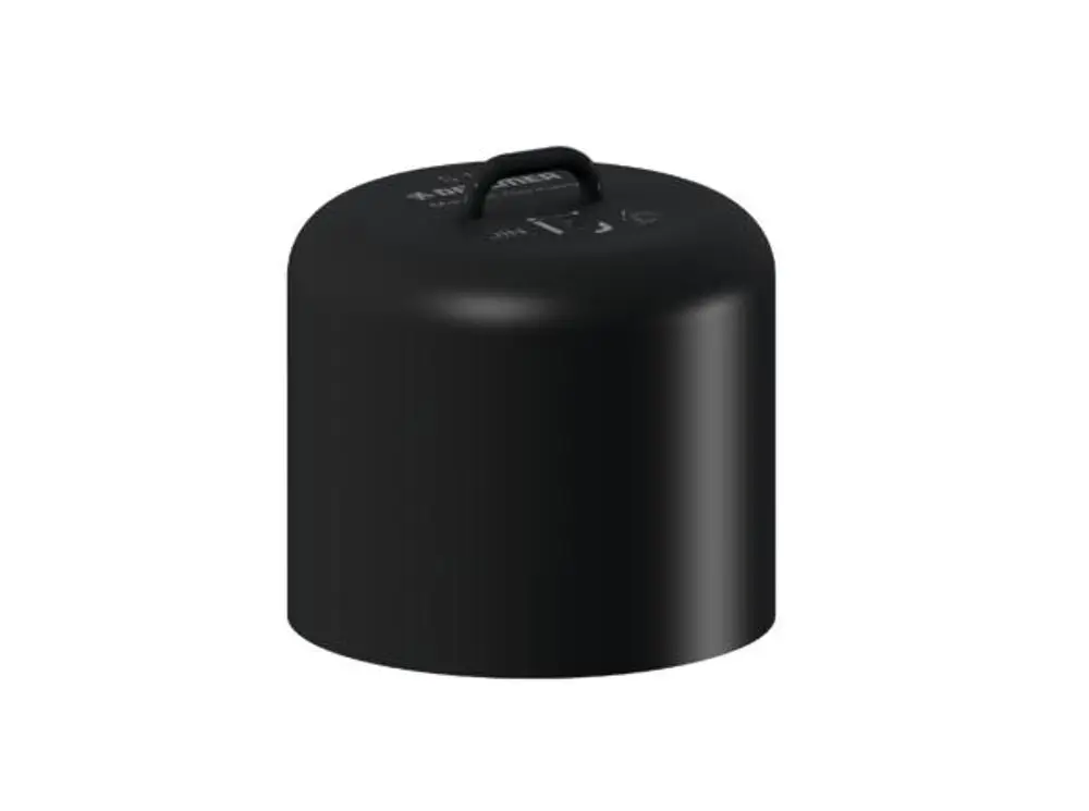 Schwarze Geruchverschlussglocke von Dallmer, zylindrische Form mit flachem Deckel und einem Griff an der Oberseite. Ideal zur Verhinderung von Geruchsbildung.