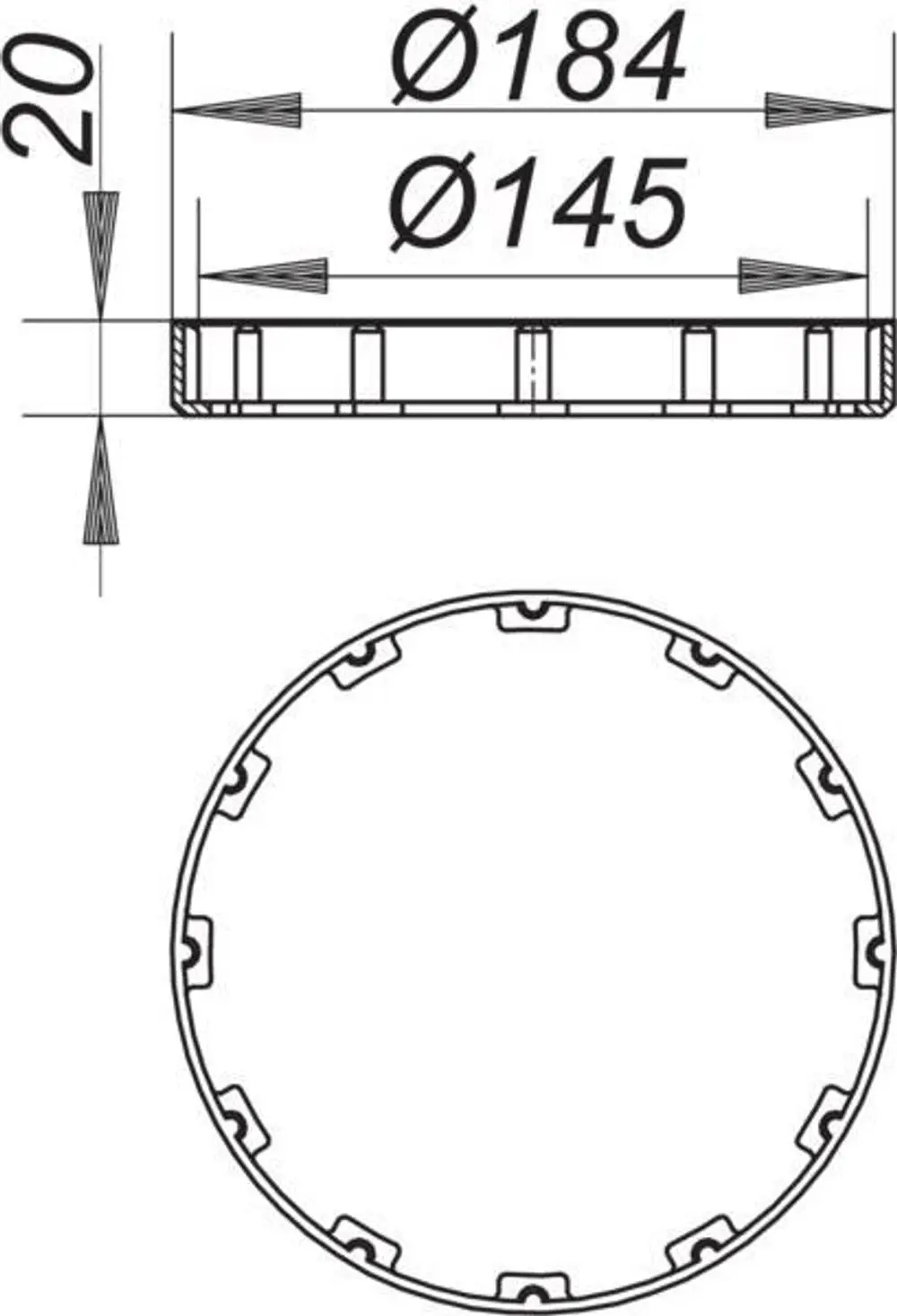 Dallmer Tragring mit runder Form und mehreren Aussparungen zur Befestigung. Abmessungen und Details sind im technischen Zeichnungsformat dargestellt.