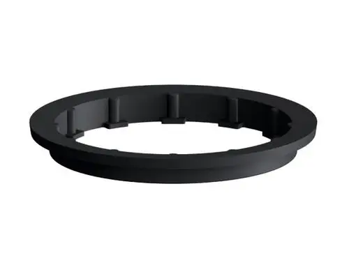 Schwarzer Ausgleichsring von Dallmer, rund mit mehreren Halterungen innen, geeignet zum Einsetzen in entsprechende Baukonstruktionen.