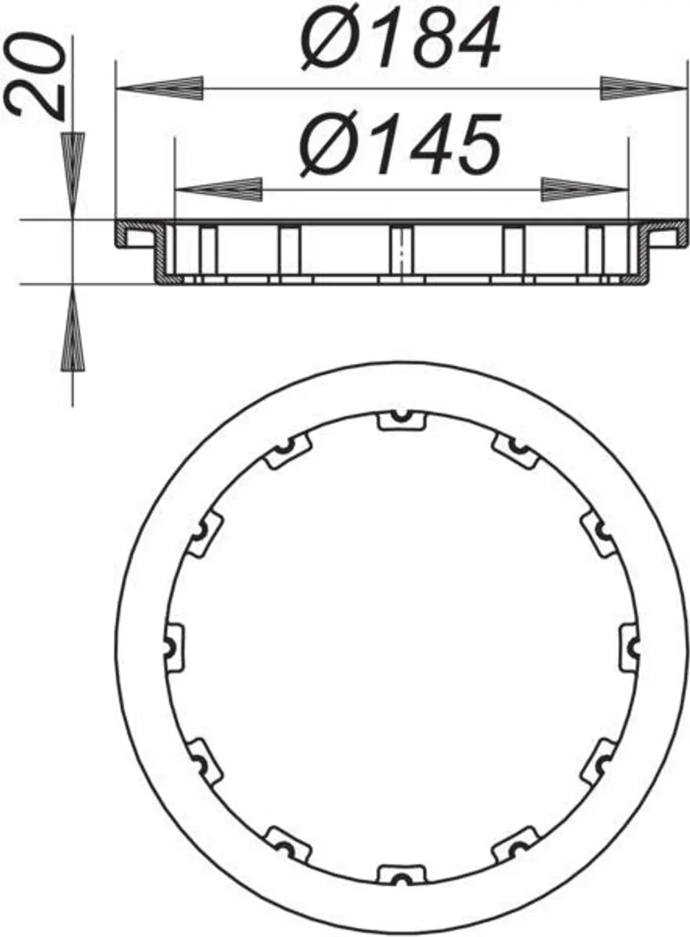Schwarzer Ausgleichsring von Dallmer mit kreisförmigem Design, mit innenliegenden Befestigungselementen, geeignet für spezifische Anwendungen in Sanitäreinrichtungen.