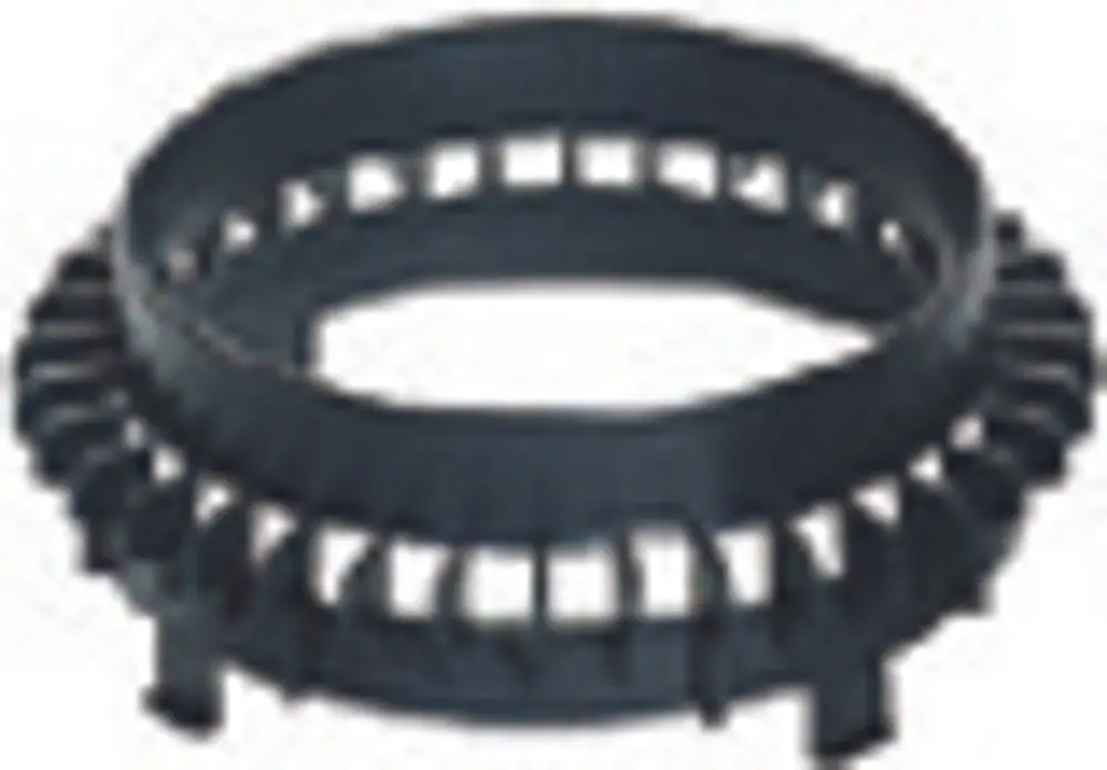 Schwarzes Einlaufelement von Dallmer mit runder Form und seitlichen Öffnungen. Geeignet zum Auffangen von Kies oder ähnlichem Material.